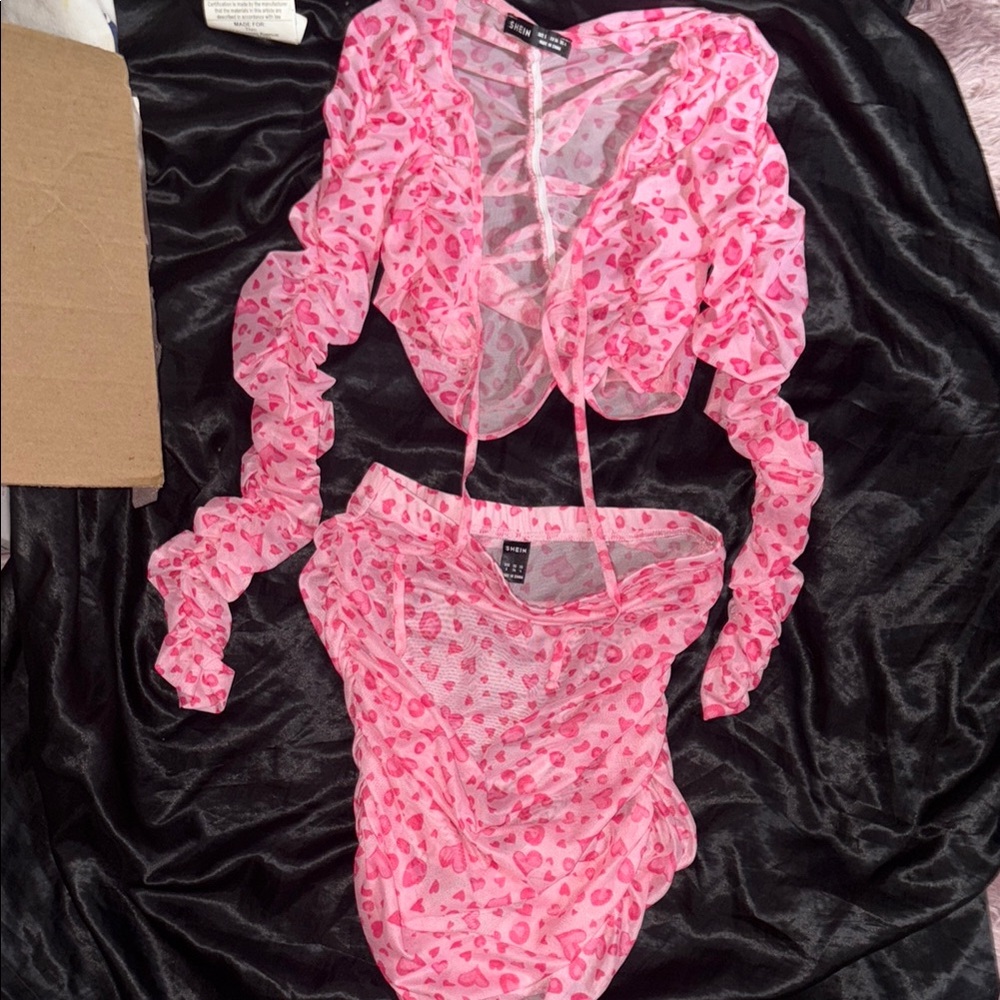 Pink Heart Print Mesh Top and Skirt Set